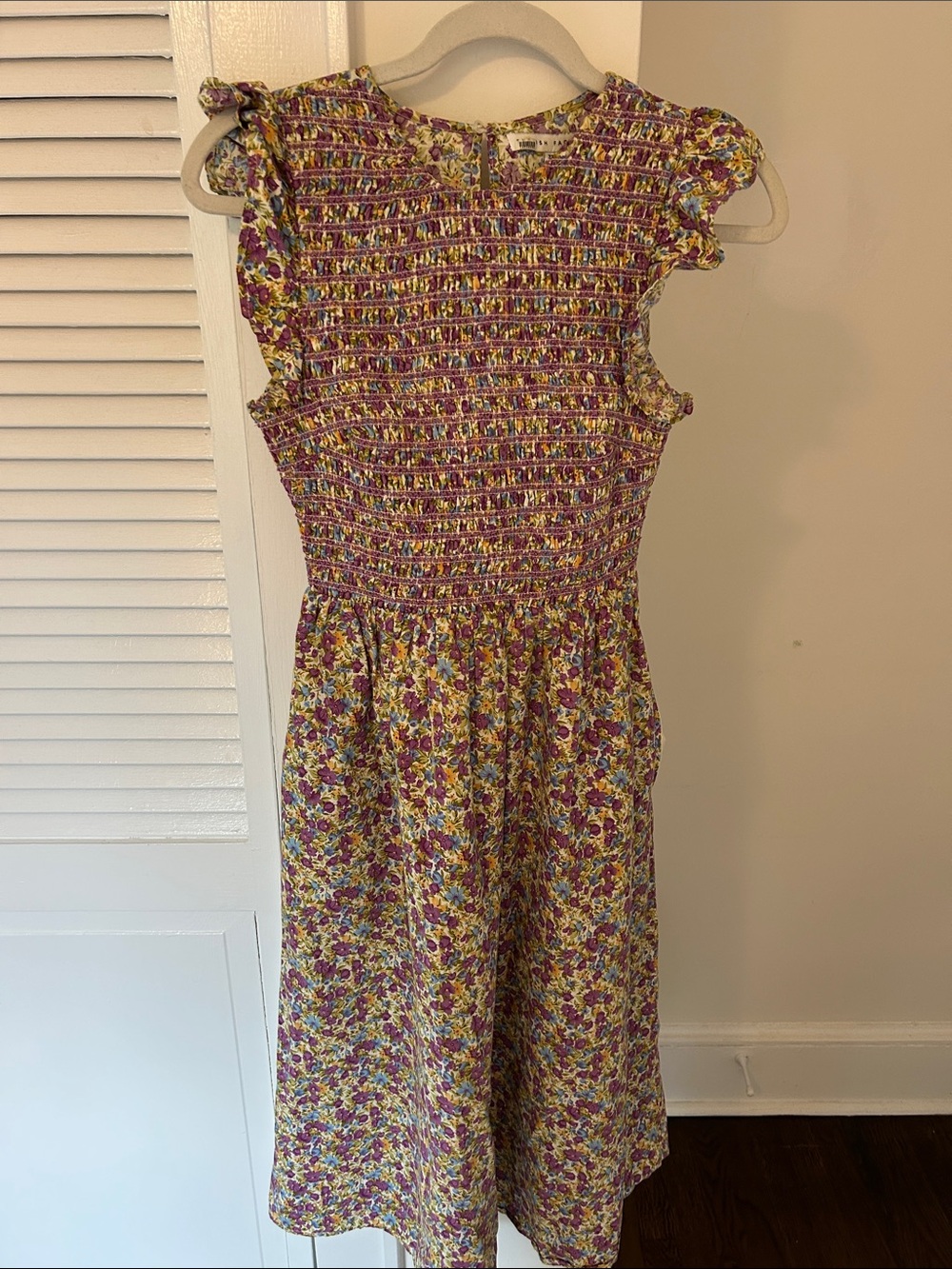 English Factory Yellow Floral Midi Dress with Purple and Green Accents